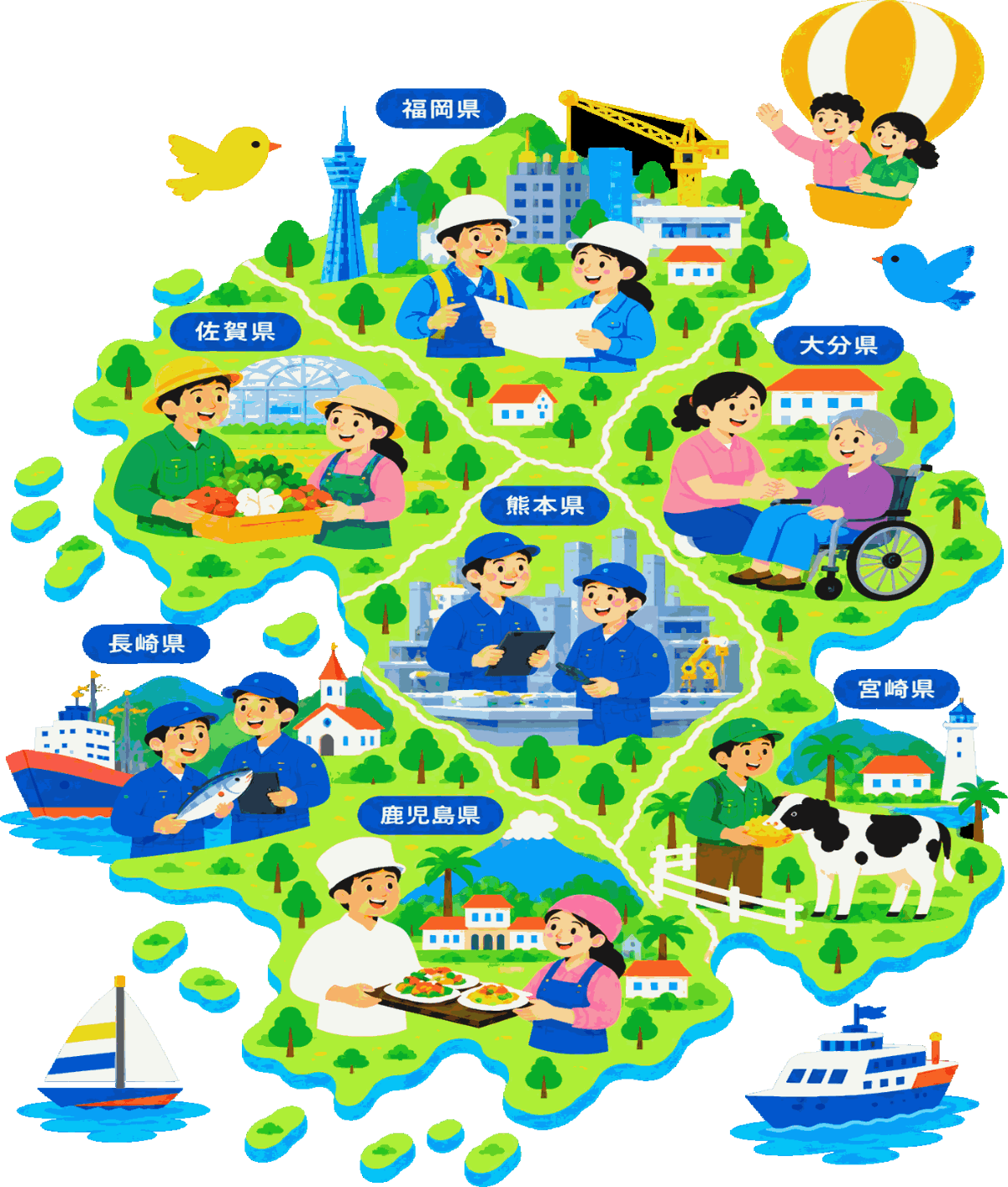 福岡・佐賀・長崎・熊本・大分・宮崎・鹿児島の九州各地で働く外国人材のイラスト